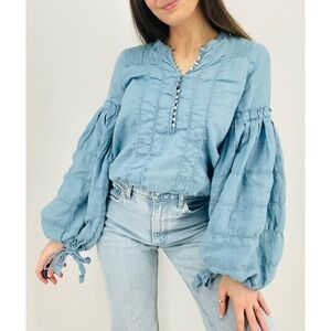 Free People Linen Peasant Balloon Sleeve Blouse Top in Robin Egg Blue Size S